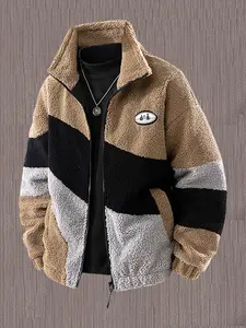 Men's Colorblock Patchwork Teddy Jacket, Thick Warm Lamb Wool Coat, Sporty Style Fall & Winter Outerwear, Smart Casual Men's Clothing