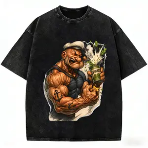 Popeye the Sailor Man Oversized Washed Black T-Shirt |   100% Cotton Breathable Retro Cartoon Graphic Tee for Men |   Spinach Power, Muscle Anchor Tattoo Design, Soft Durable Streetwear for Nostalgic Fans, Daily Wear & Gifts