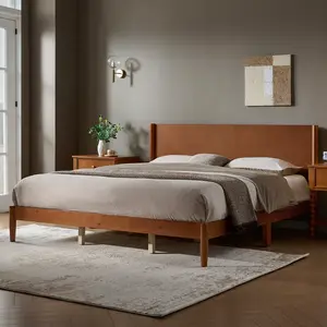 VanAcc Solid Wood Bed Frame, Mid Century Modern Platform Bed with Full Panel Headboard, Noise-Free & Cylindrical Legs, No Box Spring Needed, Under-Bed Storage
