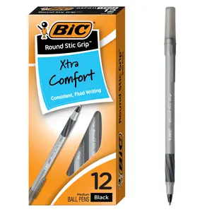 BIC Round Stic Grip Xtra Comfort Black Ballpoint Pens, Medium Point (1.2mm), 12-Count Pack, Perfect Writing Pens with Soft Grip for Superb Comfort and Control