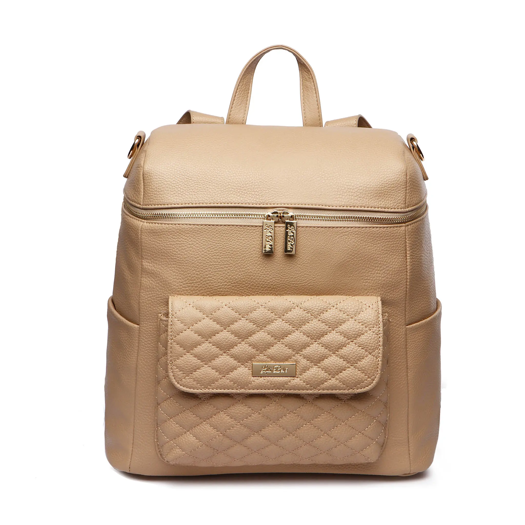Women's Luxury Wipeable Stain-Resistant Latte Brown Leather Diaper Backpack - Functional Storage Luggage Accessory, Clutch & Wristlet-Compatible, Changing Pad, Adjustable, Vegan Leather, Moms, Modern, Wipe Clean, Structured Look, Female, Daily Outings, El