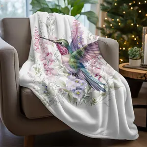 Hummingbird Velveteen Blanket, Personalized Hummingbird Lover Gift, Floral Plush Throw Blanket, Whimsical Watercolor Bird Lover Blanket Gift