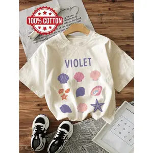 Womens 100 Percent Cotton Graphic Tee Violet Seashell Starfish Print Summer Vacation Beach Outfit Casual Soft Short Sleeve Crewneck T Shirt
