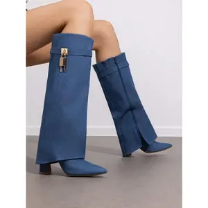 Women's High Heel Fold Over Boots Cuff Padlock Pointed Toe Side Zipper Cool Party Halloween Knee-High Boots