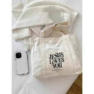 Letter Print Shopping Bag, Multi-Pocket Casual Bag, Vintage Letter Print Tote Bag, Jesus Loves You Christian Print Cosmetic Bag, Large Capacity Tote Bag, Casual Hobo Bag Crossbody Bag For Graduates, Teen Girls, Freshmen, Sophomores, Juniors And Seniors (