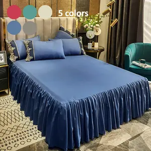 Solid Color Bed Skirt, 1 Set Adjustable Elastic Bed Cover, Easy To Fit Wrinkle Resistant Luxury Fabric Bedding Supplies for Home Bedroom Hotel Bedding Accessories