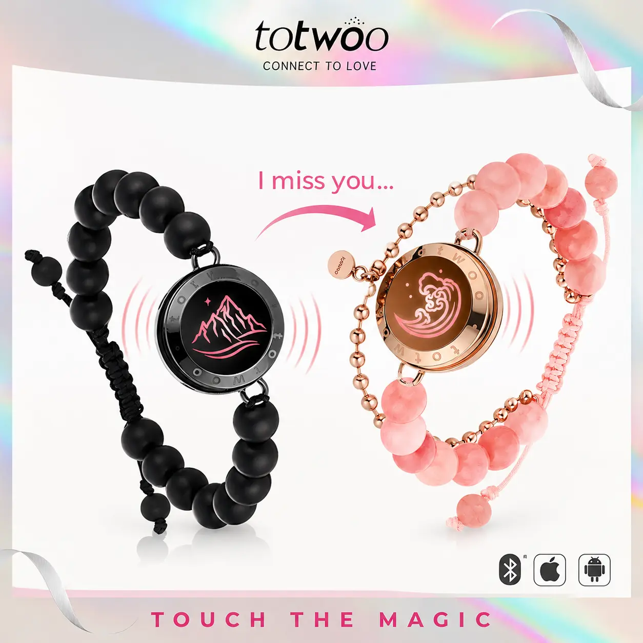 TOTWOO Long Distance Matching Bracelets for Couples - Fashionable Smart Jewelry with Light-Up/Vibration, 1-1 Bluetooth App Interaction, Zircon Stone, Anniversary Gifts for Her, Romance Accessories, 30-Day Return Policy, Engraved Option