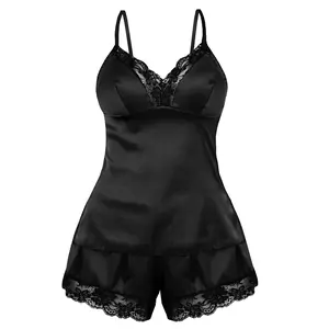Parthenope Satin Sleepwear Set for Women Lace Camisole & Pajama Shorts Sexy Silky Nightwear with Elegant Lace Trim 2 Piece Set