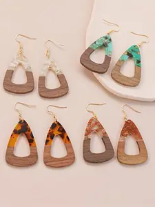 Boho Vintage Wooden Resin Dangle Earrings, Water Drop Design with Natural Stone, Handmade Fashion Jewelry for Women, All Seasons Wear