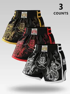 3-Pack Men's Summer Casual Fitness Shorts, Tiger Head & Dragon Design, Professional Muay Thai Training, Mma Warm-Up, Martial Arts Fashion