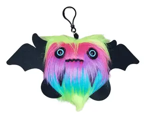 Dj Dazzle Neon Rainbow Floof Monster KEYCHAIN Plush Clip Soft Luxurious Faux Fur with Blue Acrylic Eyes & Black Felt Details