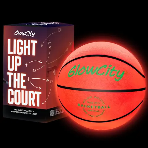 Glow-in-the-Dark Basketball, Impact-Activated Ball Sports Equipment with Rubber Skin, Bounce-Lit LEDs, 30-Hour Glow, Water-Resistant, Simple Setup, Toys for Boys for Nighttime Outdoor Play, Ideal Birthday Gift