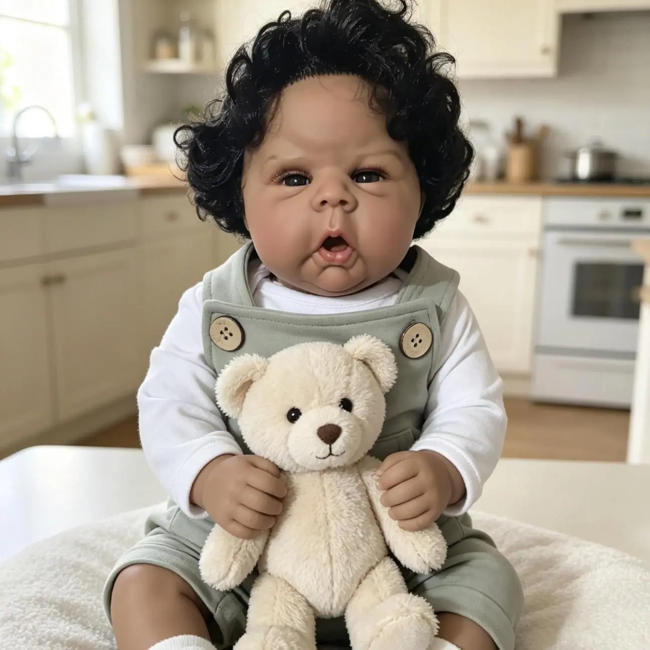 20in Vinyl Reborn Baby Doll - Cuddly Ugly-Cute, Coffee Skin, Rooted Black Curly Hair, Sleeveless White Shirt, Sage Green Overalls, Unisex Kids Gift Set with BPA-Free Bottle & Pacifier, Realistic Look Collectible Gift Ideas for Playroom