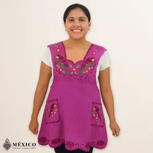 Burgundy Mexican Embroidered Apron – Floral & Birds Cotton Cooking Gift | México Todo Corazón