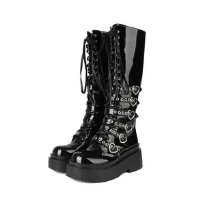 Womens Casual Chunky-Soled Punk-Style Over-the-Knee Boots With Cross-Tie Straps