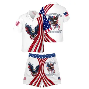 4th of July Patriotic Hawaiian Shirt and Shorts Set, American Pride 250th Anniversary Eagle USA Flag Matching Swimwear, White Red Blue Independence Day Beach Outfit, Gift for Husband