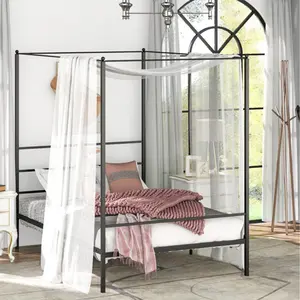 Metal Canopy Platform Bed Frame Four-Poster Canopied Bed Mattress Foundation with Headboard and Footboard Sturdy Slatted Structure No Box Spring Needed Easy Assembly