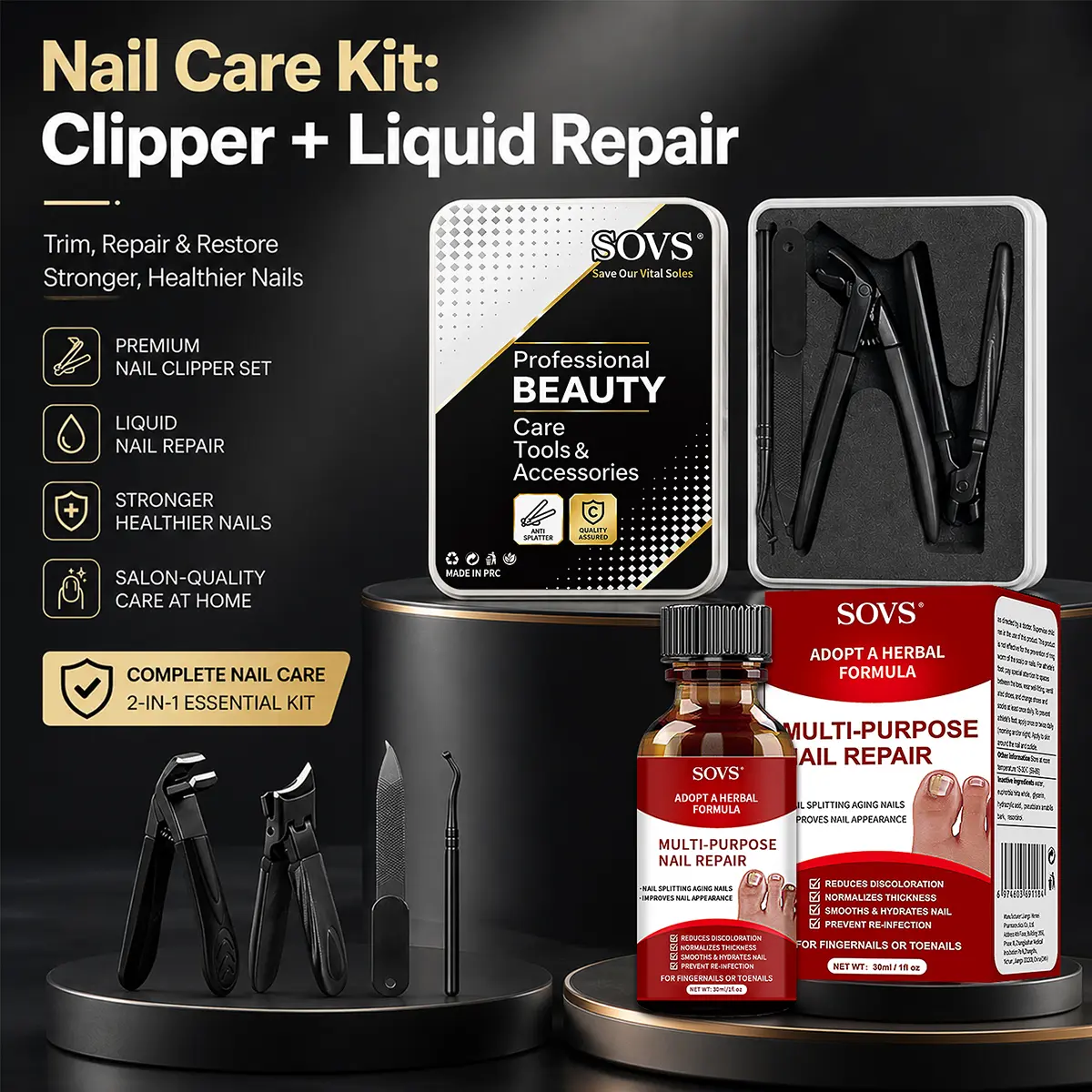 SOVS Nail Care Set 15ml/30ml | Includes Nail Care Liquid & 4-Piece Nail Clipper Kit | Professional Manicure and Pedicure Tools for Fingernails & Toenails | Gentle Daily Care for Well-Groomed, Healthy-Looking Nails