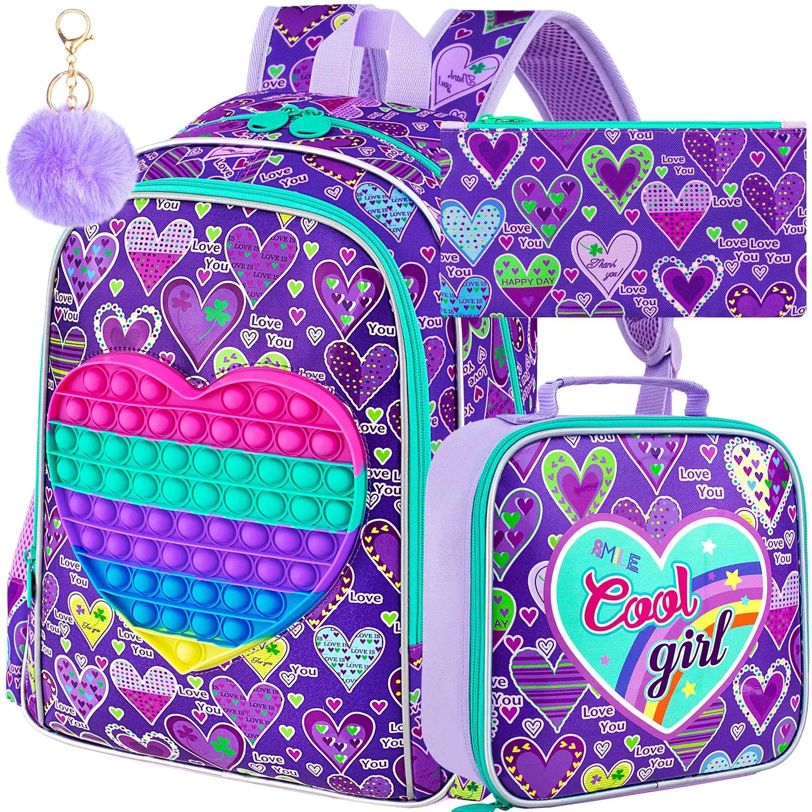 3PCS Backpacks for Girls, 16" Elementary Kids Bookbag for Prechool, Water Resistant Backpack with Lunch Box