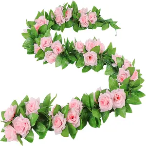 5 Pcs 39FT Flower Garland，Artificial Rose Vine Flowers with Green Leaves Hanging Fake Roses Vine for Anniversaries Birthdays Room Weddings Christmas Wall Arch Decorations, Pink Rose Garland