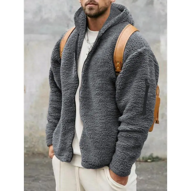 Men's Windproof Thermal Jacket, Loose-Fit Hooded Casual Outerwear, Dual-Sided Velvet Warm Coat for Fall & Winter Seasons