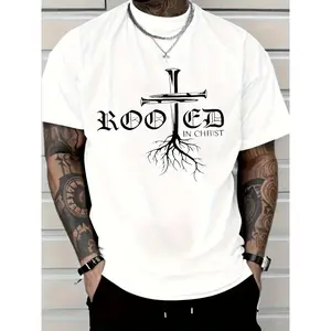 Men's Red Cotton Menswear T-Shirt - Minimalist Round Neck, Soft Shortsleeve, Cross Graphic & "Rooted in Christ" Design, Casual Christian Crew Neck Tee for Casual Attire