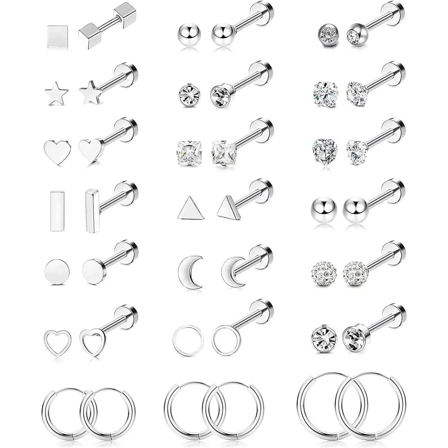 Milacolato 21-Pair Unisex Earring Stack, 0.8mm/1mm Stainless Steel Stud & Hoop Earrings with CZ Star Moon Heart, Flat Back for Cartilage Helix, Sleeping Jewelry, Anniversary Gift, Flat Back Earrings