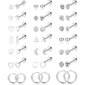 Milacolato 21-Pair Unisex Tiny Flat Back Earrings, Stainless Steel Stud & Hoop Styles with CZ Star Moon Heart for Cartilage Helix Use, Sleeping Jewelry