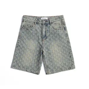 Vintage Blue Jacquard Baggy Denim Shorts Men, 2026 Summer Distressed Holes Straight Fit Street-wear Jorts