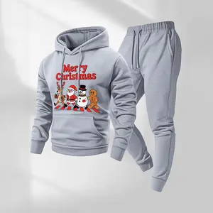Men's Christmas Element Pattern Hoodie and Drawstring Sweatpants Set, Holiday Casual Long-Sleeved Sportswear, Autumn and Winter Sportswear Set, Street Style Set Suitable for Holiday Indoor and Outdoor Activities