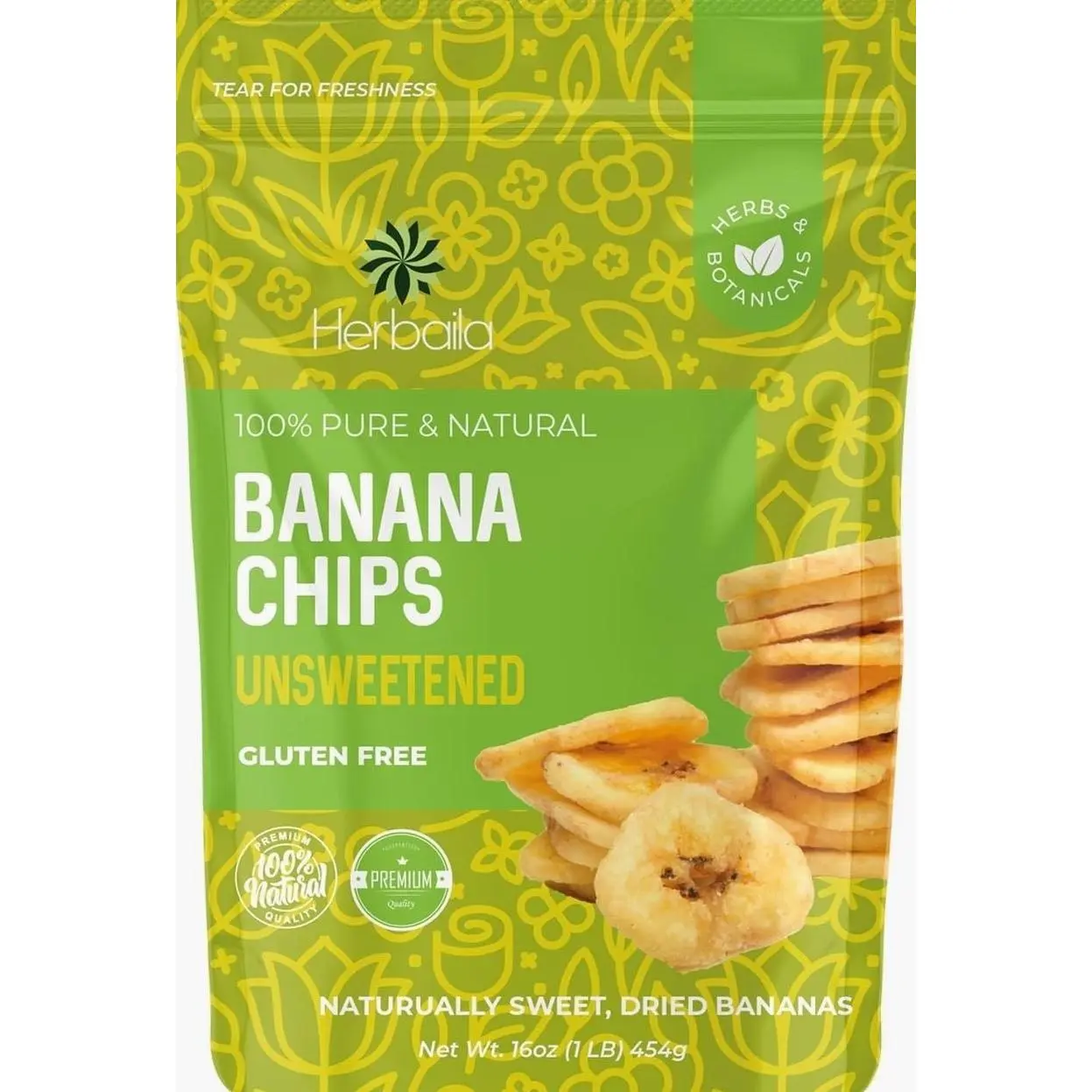 Herbaila Dried Banana Chips Unsweetened Bulk, 1 lb. Dried Bananas, Unsweetened Banana Chips, Dehydrated Bananas, Unsweetened Dried Banana slices, Banana Crisps. All Natural, Non-GMO, 16 oz.