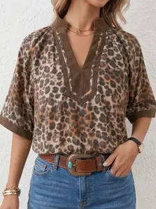 Chic Petal Leopard Print V Neck Blouse Brown Contrast Trim Short Sleeve Casual Top for Women Iconic Leopard Print Dolman Sleeves Relaxed Fit