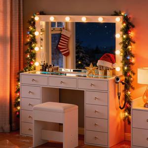 CollaredEagle Vanity Desk with Tempered Glass Topwith & Power Outlet, 11 Drawers Vanity Table with 3 RGB Drawers & Chair, Makeup Vanity with 12 LED Lights, Dressing Table for Bedroom,Dressing Room