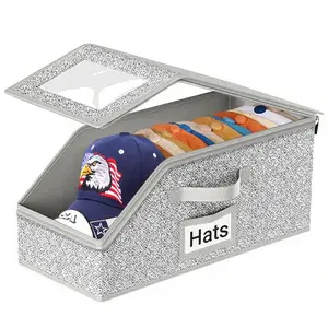 Hat Organizer for Baseball Caps,Holds up to 12 Caps Hat Organizer for Closet, Sturdy Stackable Storage for Men with Clear Lid, Flip-Top Access, Space-Saving Hat Box for Closet, Breathable Fabric