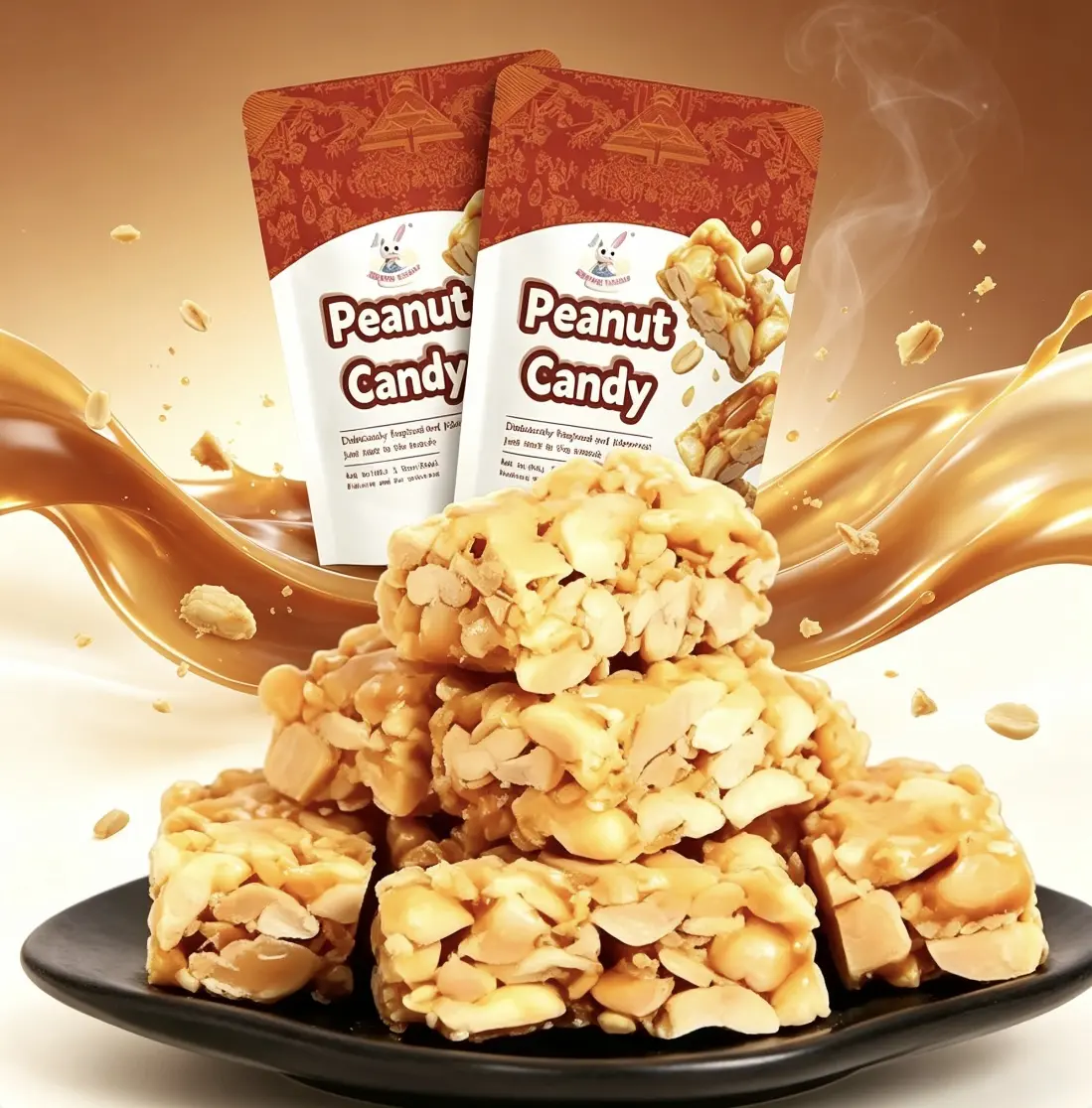 Certified Organic Traditional Asian Peanut Brittle Candy 2-Pack, Low Sodium Trans-Fat Free Crunchy Malt Sugar Roasted Peanuts Squares, Individual Wraps Portable Vegetarian Halal Sweet-Nutty Protein Snack for Travel, 100g Bags Made in China