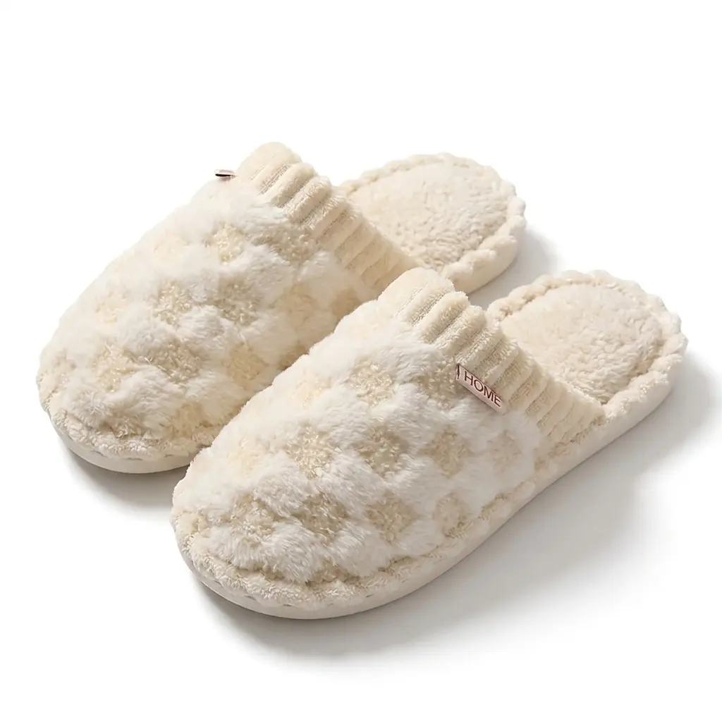 Women's Plush Checkered Bootie Slippers - Fuzzy House Shoes with Non Slip Soft Soles, Warm Fabric Upper, Kitchen Floor Grip for Safe Home Comfort, Beige Slide Winter Footwear