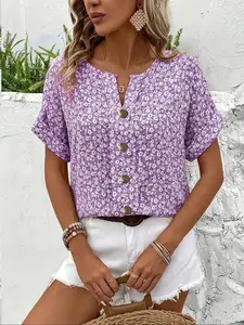 Women's Floral Short Sleeve Woven Button Top, Comfortable Casual Fitted T-Shirt, Pop Art Print, Spring & Fall Fashion, All over Print