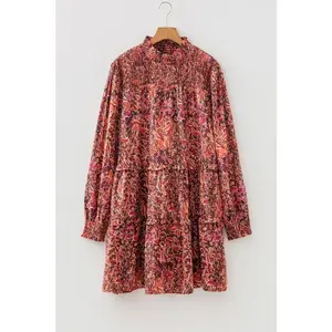 Floral Shirred Mock Neck Long Sleeve Mini Dress