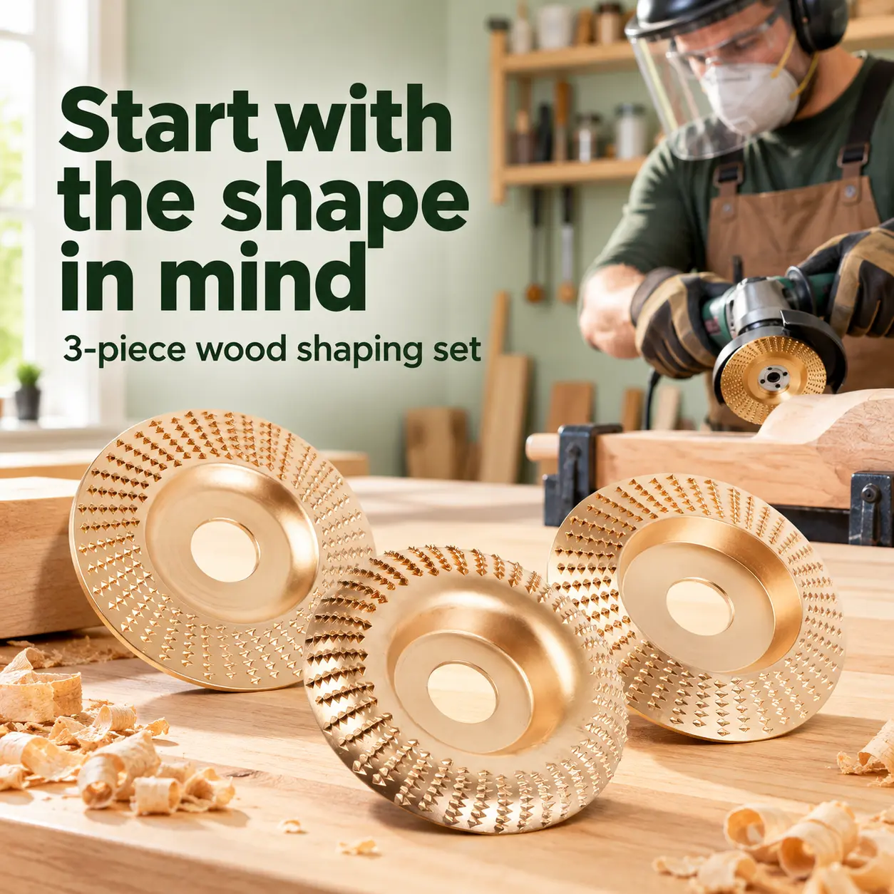 Wood Rasp Shaping Disc Set, 3 Gold-Colored Carving and Grinding Discs, Approx. 4 in Diameter, Assorted Woodworking Profiles for Contours, Edges and Carving Blanks with Compatible Angle Grinder Tool Setups