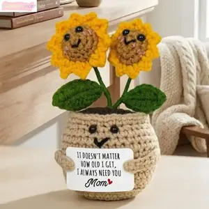 MOTHER'S DAY GIFT Mini Handmade Crochet Sunflower Pot With Message Card 2 Heads Sunflower Knitted Figurine Sentimental Keepsake For Mom Home Decor tiktokshopspringglowup