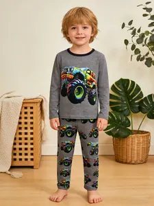 Round Neck Long Sleeve Pajamas Set, Off-Road Car Cartoon Print, Fashion Casual Homewear, Loose Fit, All Seasons