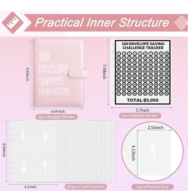 100 Cash Envelope Challenge - A5 Money Saver Budget Binder with Cash Envelopes and Numbers, 100-Days Easy and Funny Ways to Save $5,050 Organizer Card