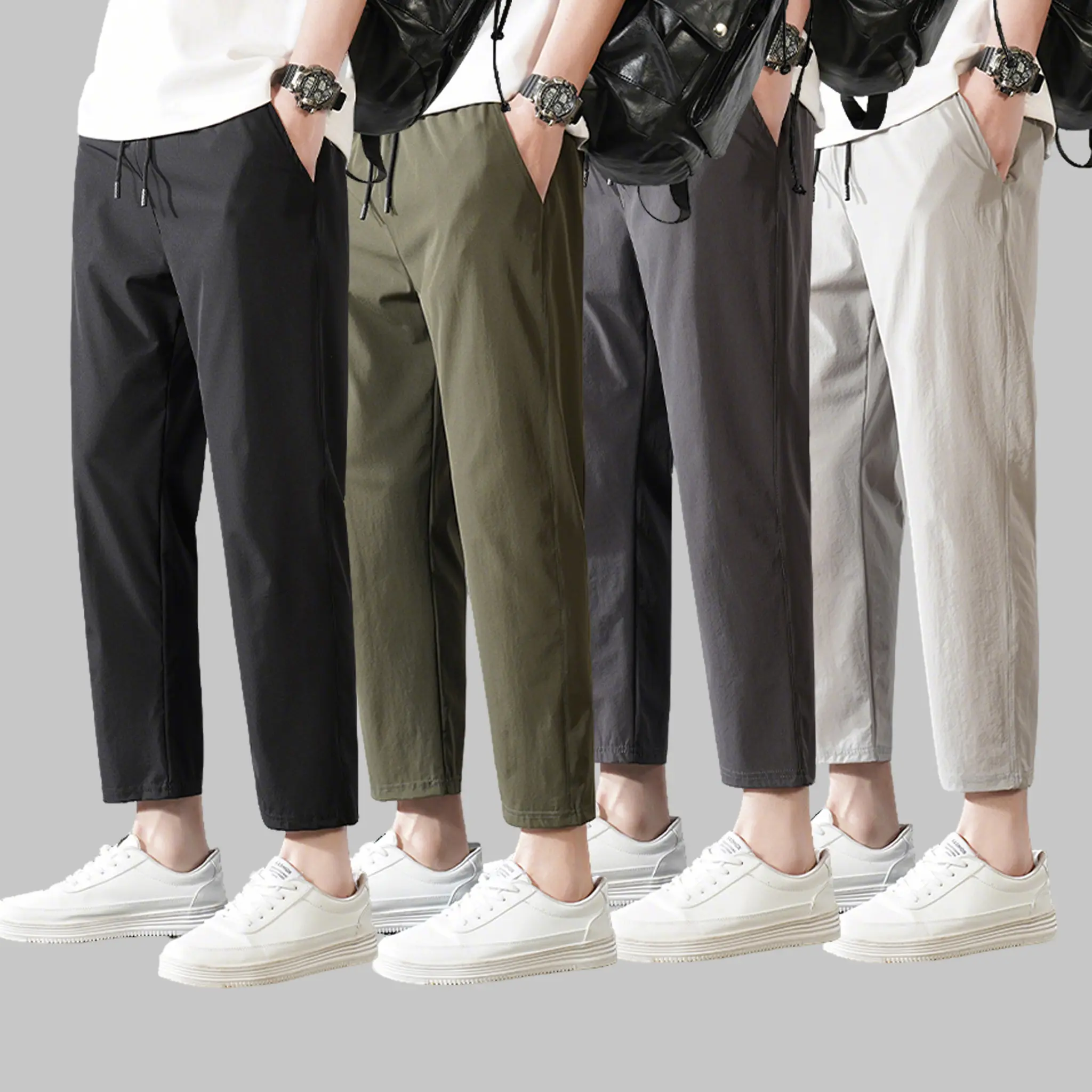 Men's Quick Dry Cropped Ankle Pants - Black+Green+Dark Gray+Light Gray, Elastic Waist Drawstring, Straight Leg, Lightweight Breathable, Contemporary Plain, Loose Fit Plus Size, Comfy for Summer Work, Outdoor, Ankle Men's Pants, Breathable Men's Pan Beige