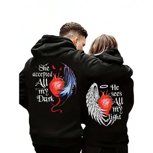 Valentine's Day Couple Outfit Limited Edition HE SEES ALL MY LIGHT SHE ACCEPTED ALL MY DARK Printed Hoodie with Kangaroo Pocket Plush Casual Long Sleeved Sweatshirt for Outdoor Use