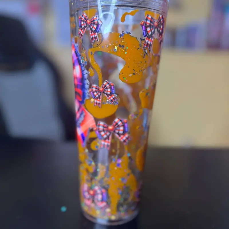 Acrylic 24oz Dual Lava Orange & Purple Tumbler with Beautiful Bows Decal and Vibrant Lava Design