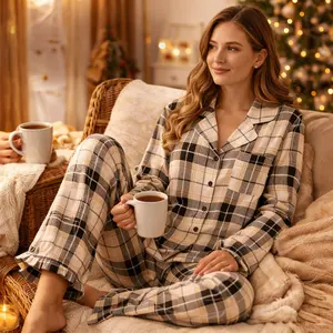 Mother's Day Gift Women's Plaid Pajama Set Long Sleeve Button-Down Top & Wide Leg Pants Soft Cozy Two-Piece Sleepwear for Home Nightwear & Casual Wear