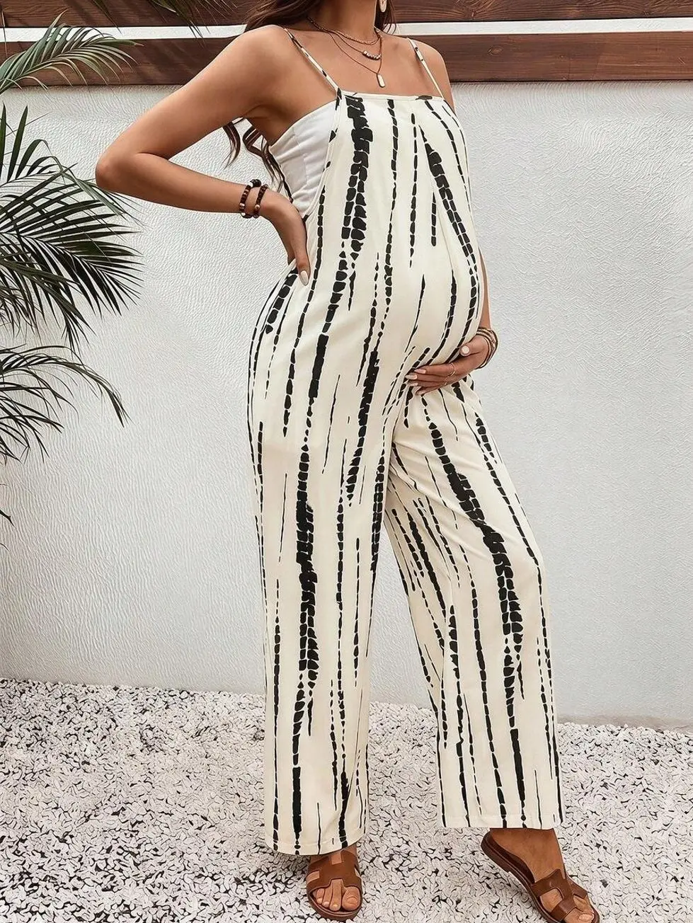 Maternity Floral Jumpsuit, Stretchy Sleeveless Romper for Summer Pregnancy Comfort