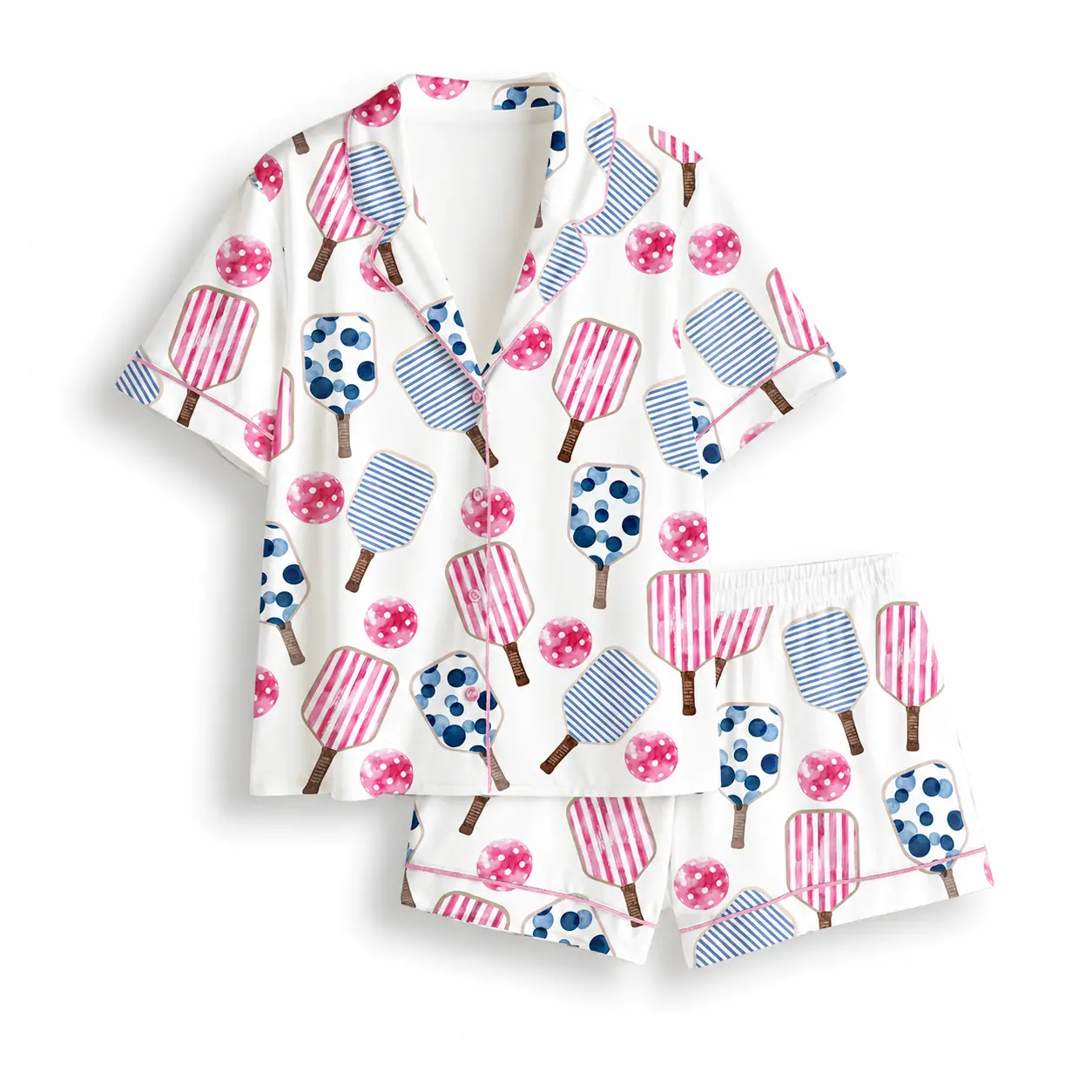 Women’s Pink & Blue Pickleball Paddle Print Short Sleeve Satin Pajama Set