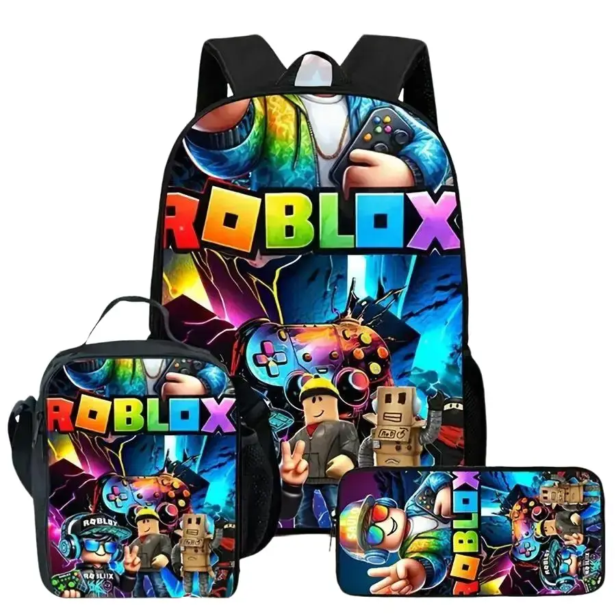 Roblox Themed 3-Piece Backpack Set, Colorful Game Characters & Controller Print School Bag + Lunch Bag + Pencil Case, Oxford Cloth Adjustable Strap Daypack for Kids & Gamers