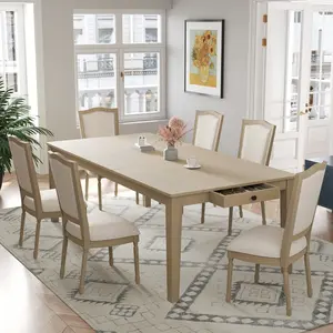 TOPMAX Rustic 7-Piece 78.1inch Extendable Dining Table Set with 18inch Removable Leaf, 6 Upholstered Dining Chairs, 2 Built-in Drawers, Natural(High end and high-quality)
